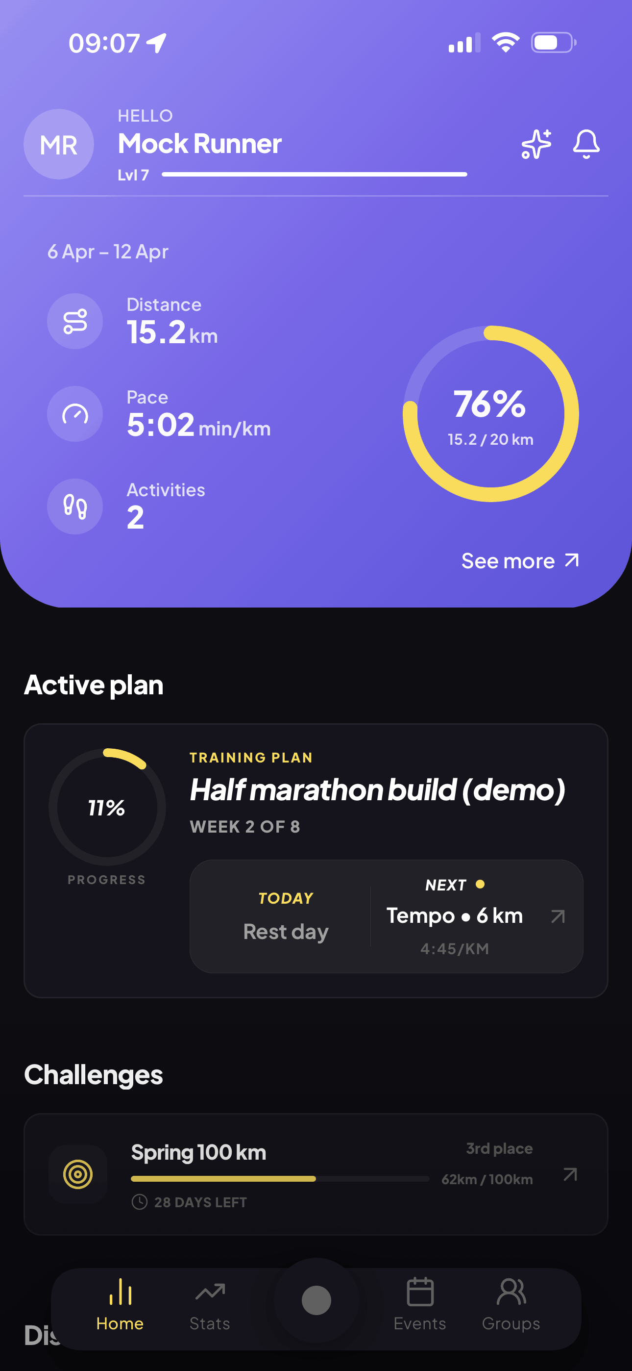Strile app on a phone — activity dashboard with honey and violet accents